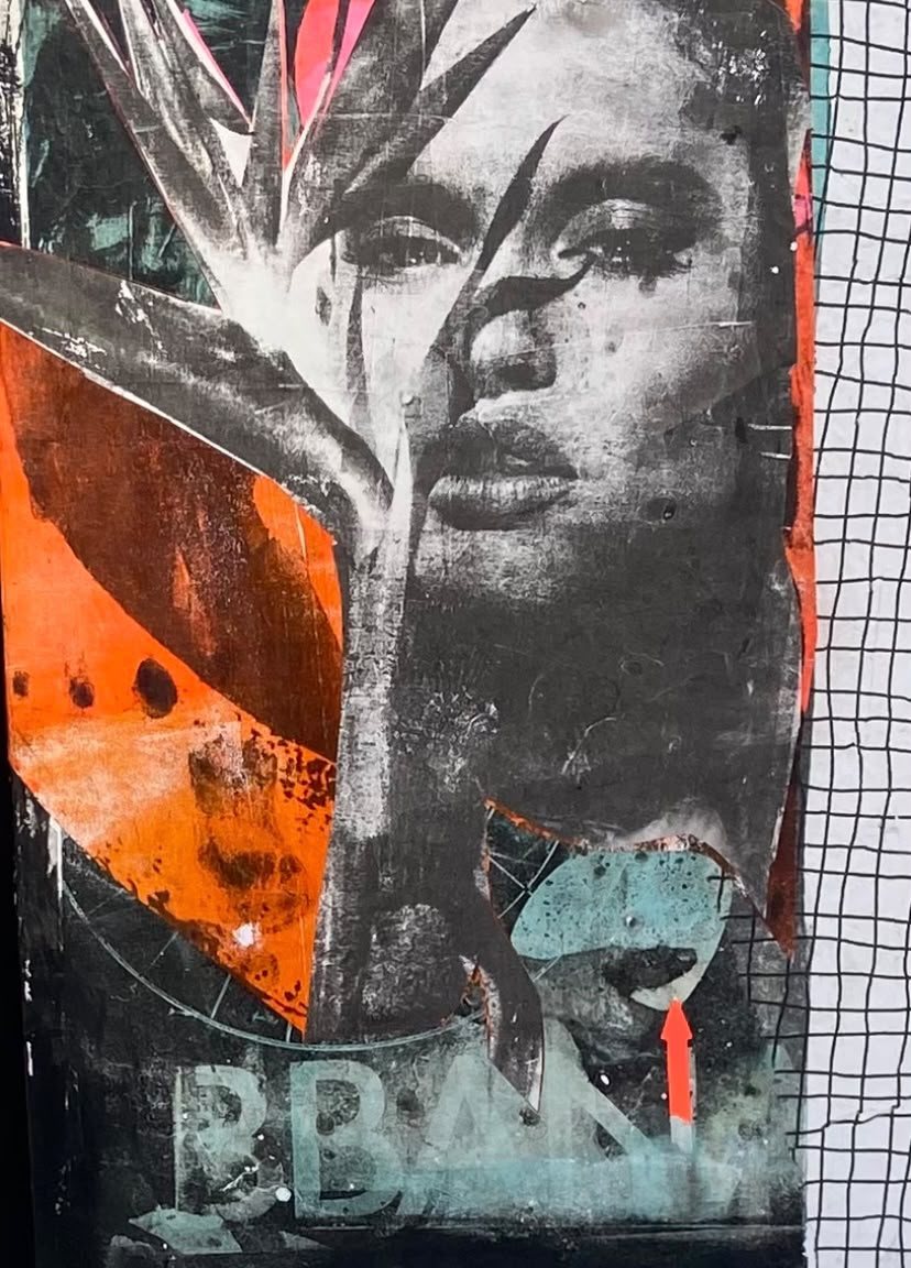 Collage aus Gelli-Prints mit Porträt, Strelitzie und Orange